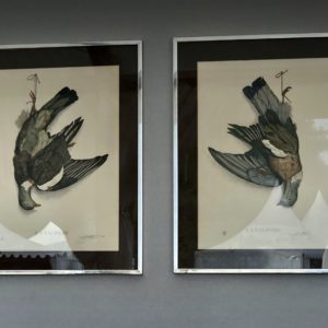Paire de lithographies aux palombes, signée Jérôme Trolliet et datée 1972
