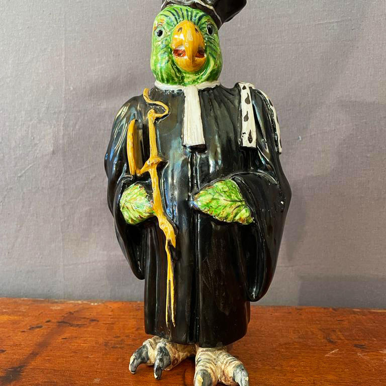 Parrot Disguised as an Attorney. Earthenware from Desvres, Géo Martel Factory, 19th Century.