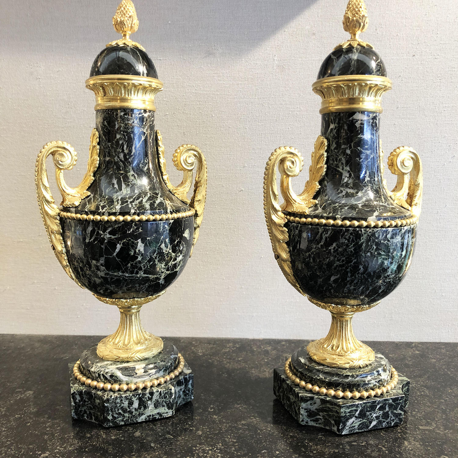 Pair of Marble and Gilt Bronze Urns, 19th Century