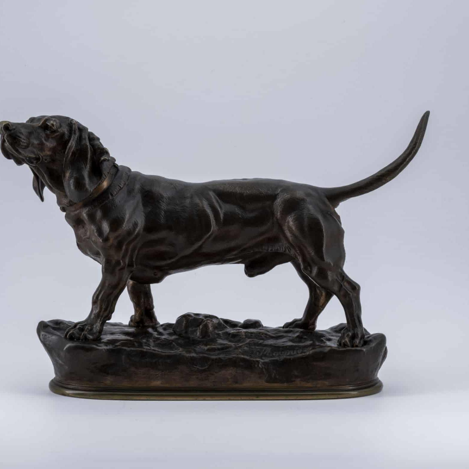 Basset, Bronze Sculpture with Brown Patina Signed Jules Moigniez (1835 - 1894)