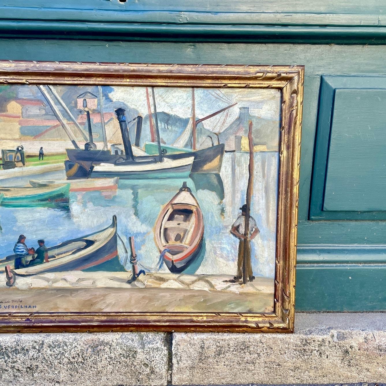 Vue depuis un port. Huile sur toile signée André Verdilhan (1881 - 1963)