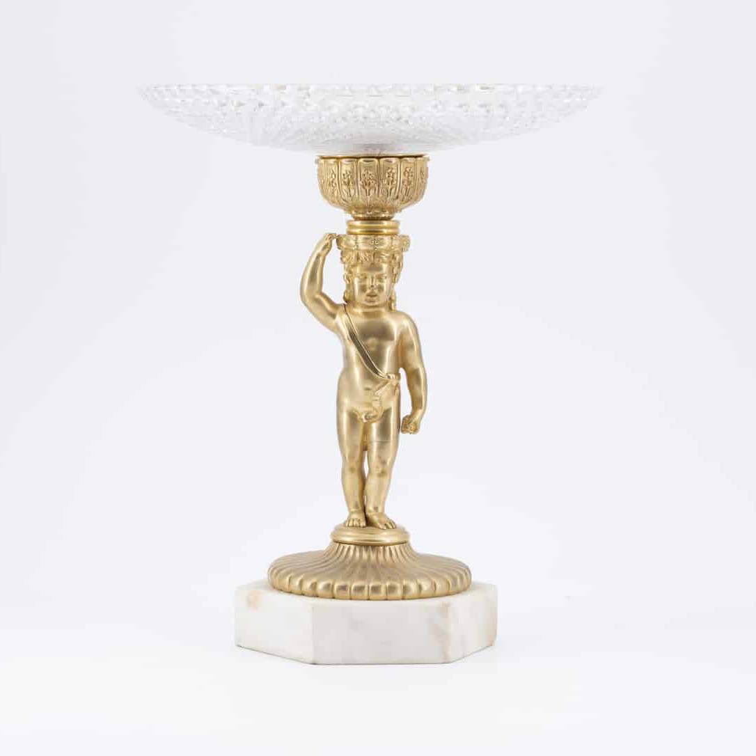 Bronze and Crystal Cup on a white Marble Base, 19th Century