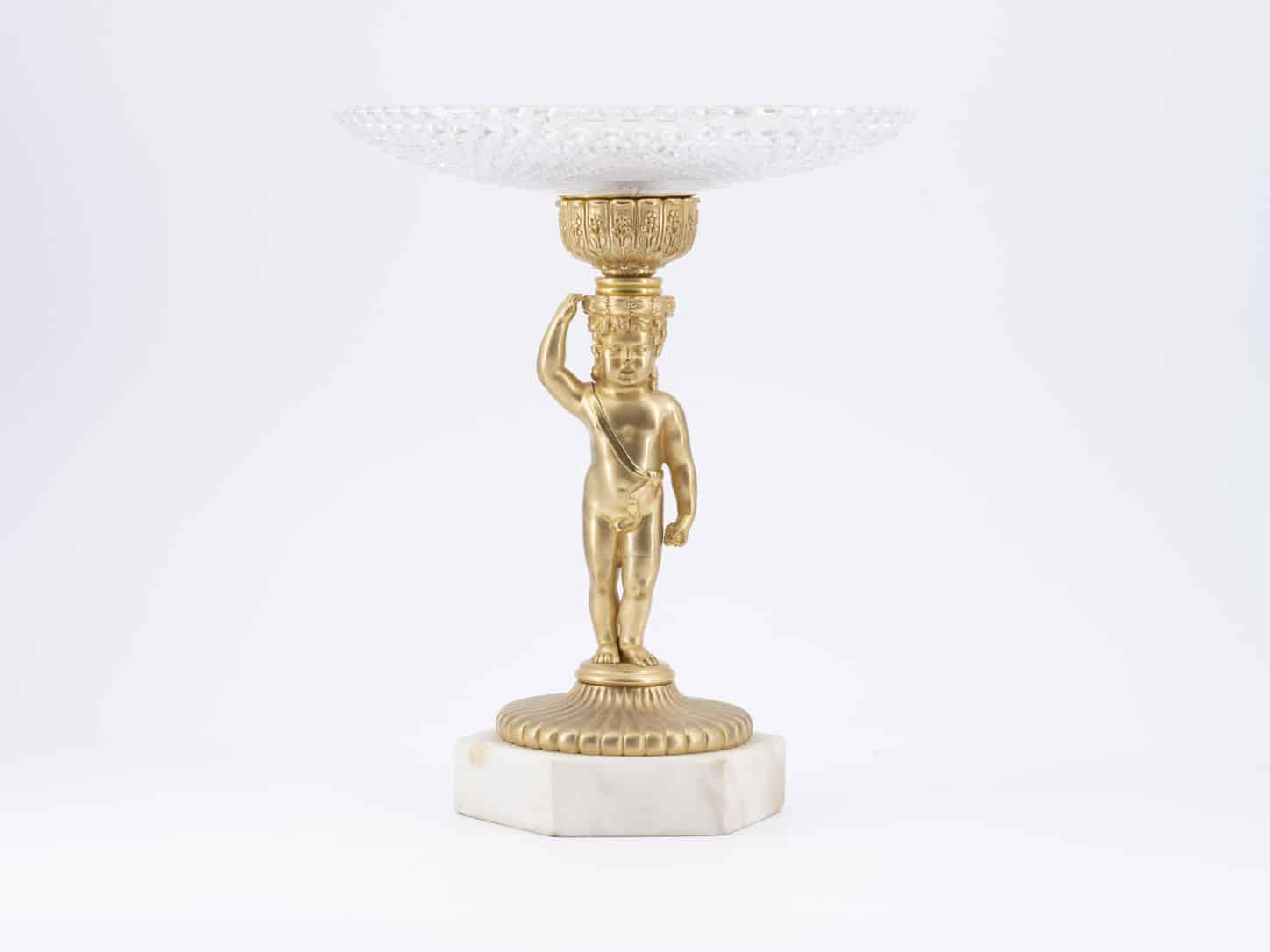 Bronze and Crystal Cup on a white Marble Base, 19th Century