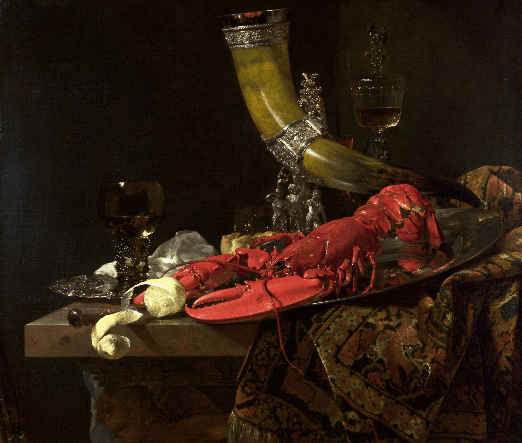Willem Kalf, Nature morte avec la corne à boire de la corporation des archers de Saint-Sébastien, un homard et des verres. Circa 1653. National Gallery, Londres