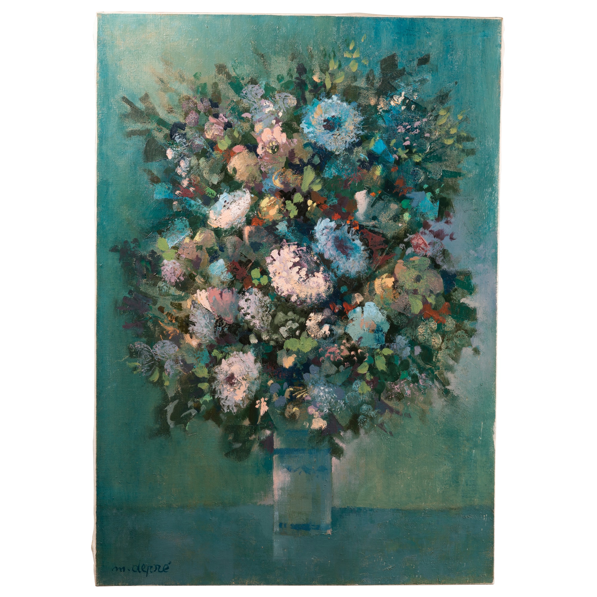 Huile sur toile intitulée « Le Bouquet Bleu » et signé Marcel Depré (1919 - 1990)