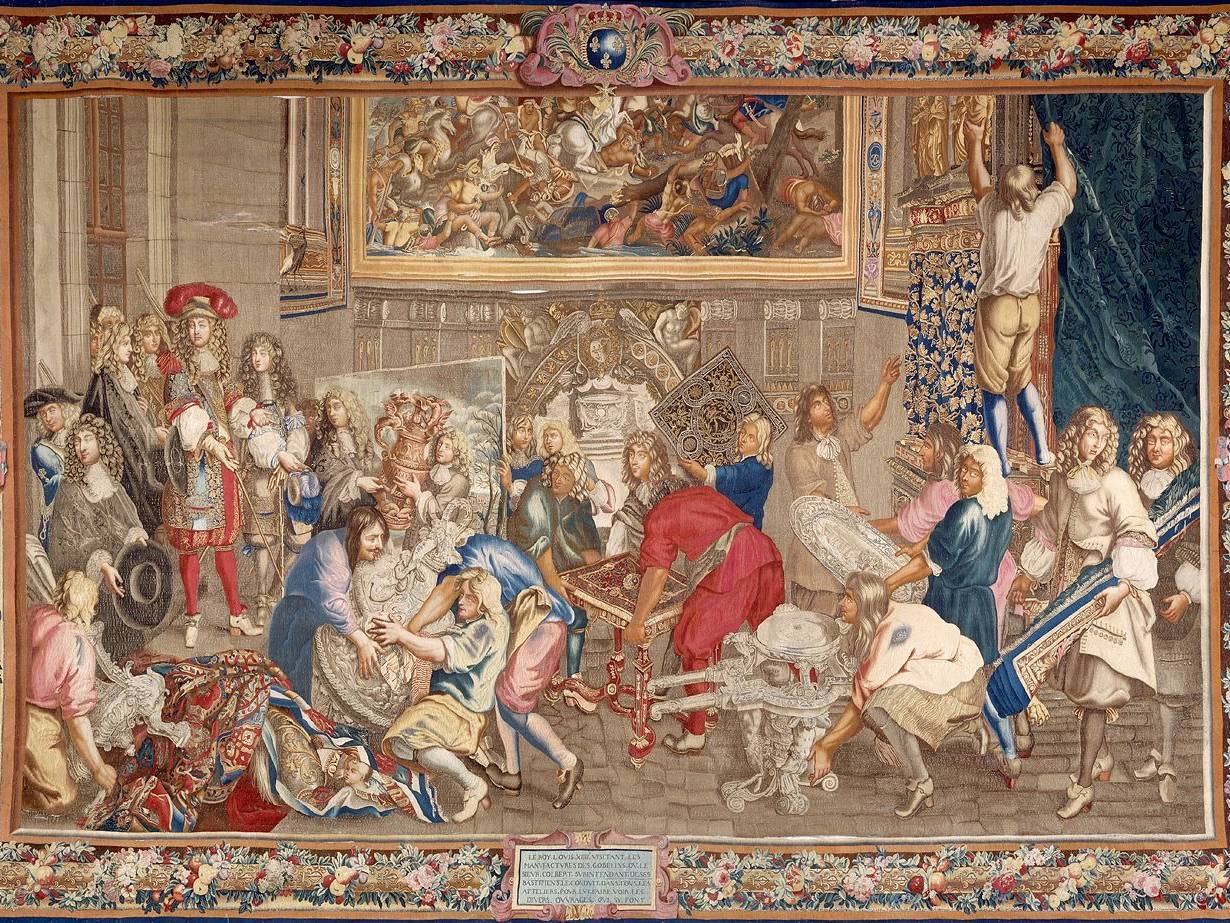 Visite de Louis XIV à la Manufacture des Gobelins, le 15 octobre 1667. D'après un carton de Charles Le Brun. Tapisserie de basse lisse en laine, soie et fiil d'or.