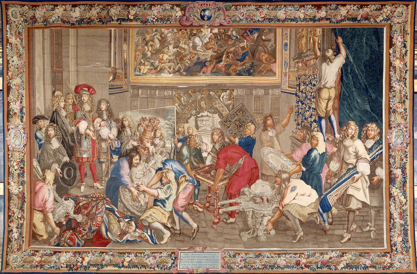 Visite de Louis XIV à la Manufacture des Gobelins, le 15 octobre 1667. D'après un carton de Charles Le Brun. Tapisserie de basse lisse en laine, soie et fiil d'or.