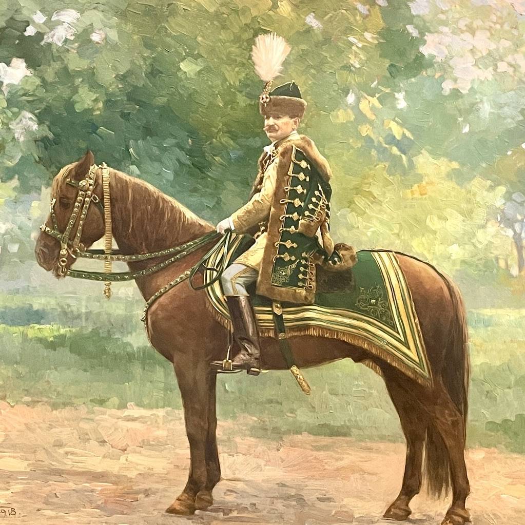 Huile sur toile représentant un cavalier Hussard, XXe siècle