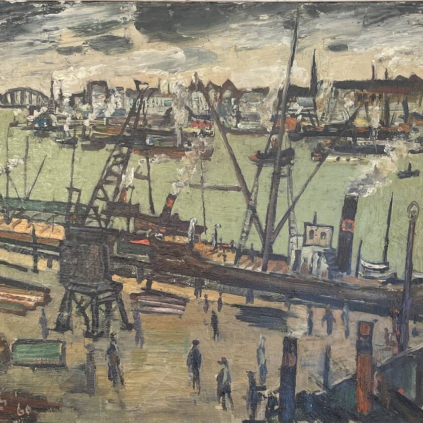 Huile sur toile figurant une vue de port, 1960 