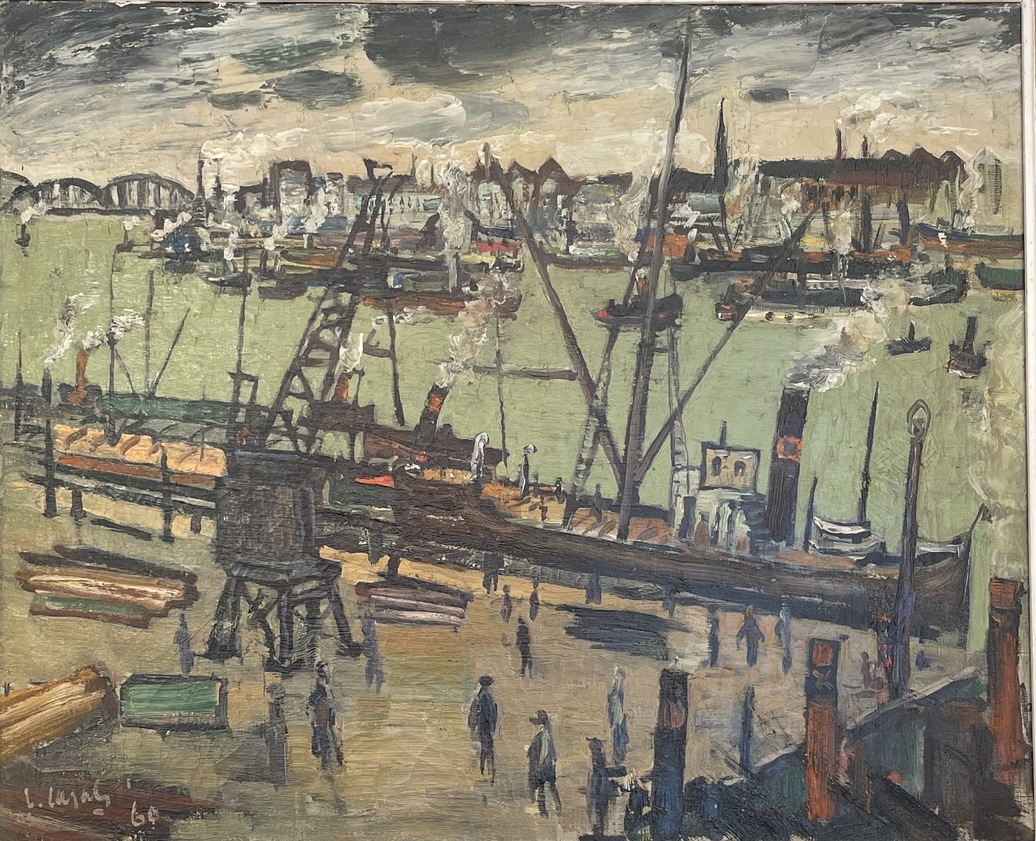 Huile sur toile figurant une vue de port, 1960 