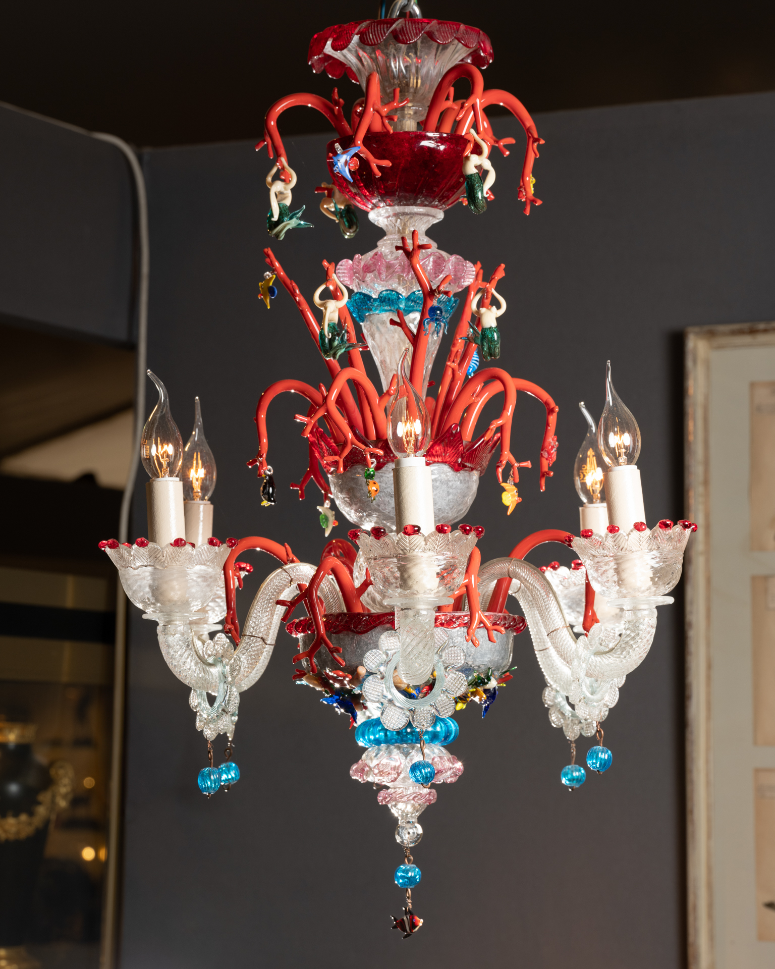 Lustre en verre Murano, décor marin, circa 1950