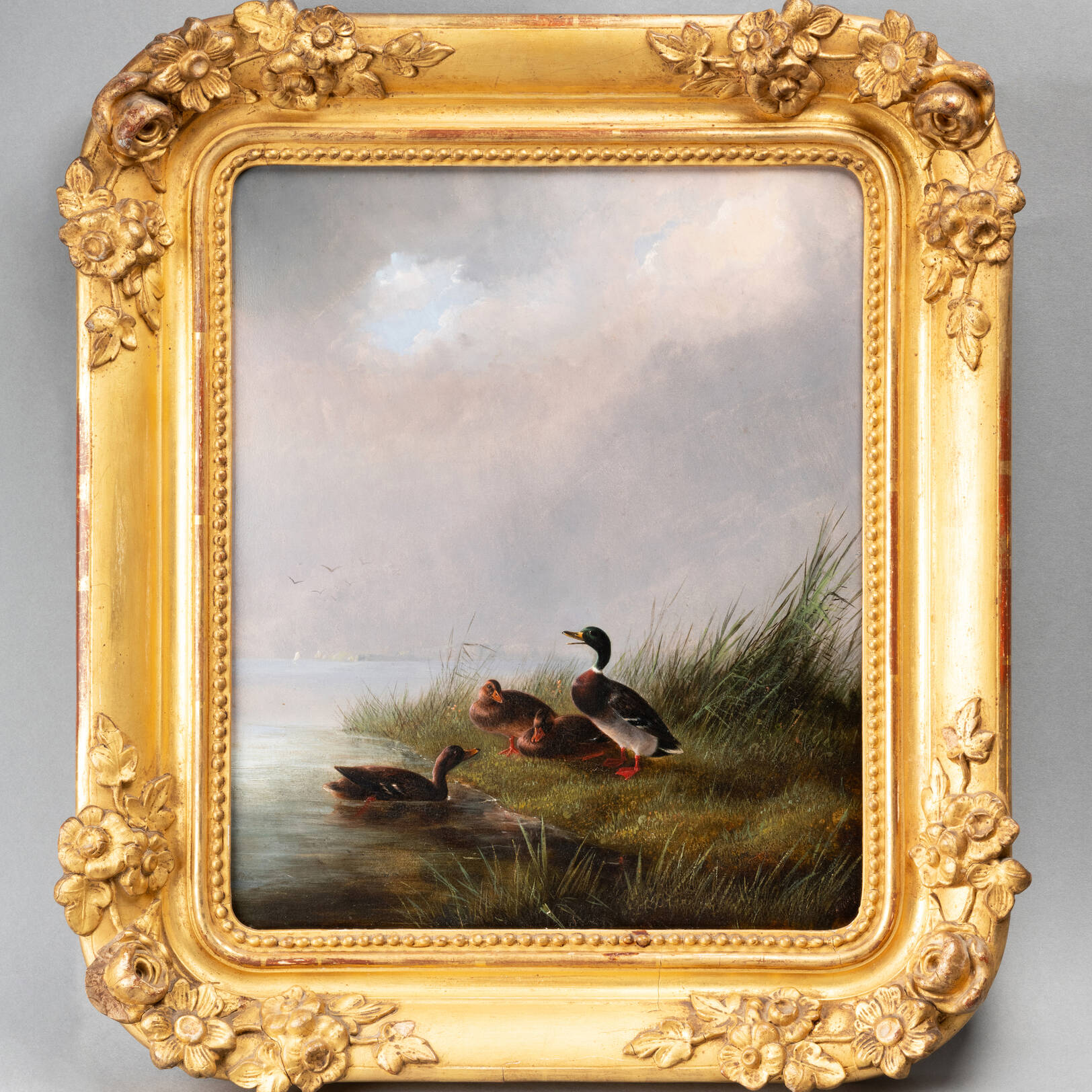 Huile sur carton figurant un colvert et des canes, XIXe siècle