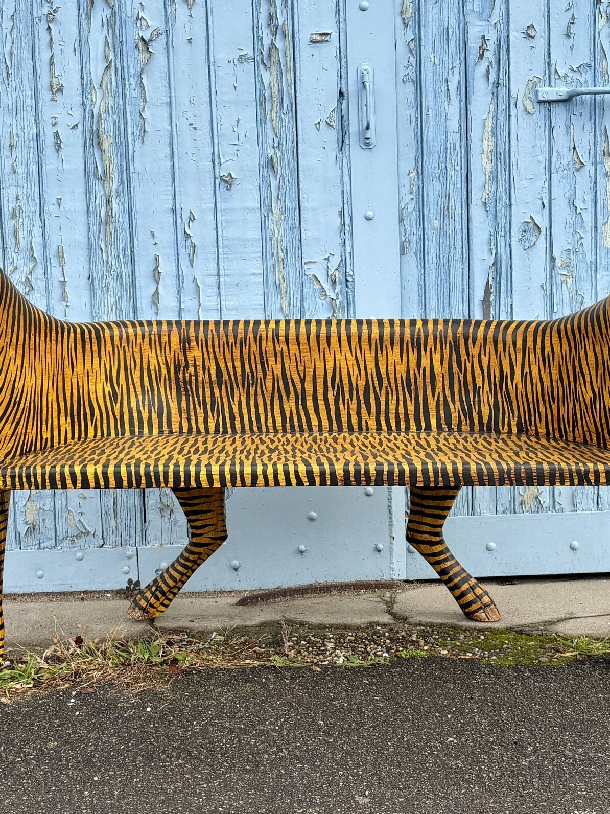 Carved and Painted Wooden Bench, 20th Century