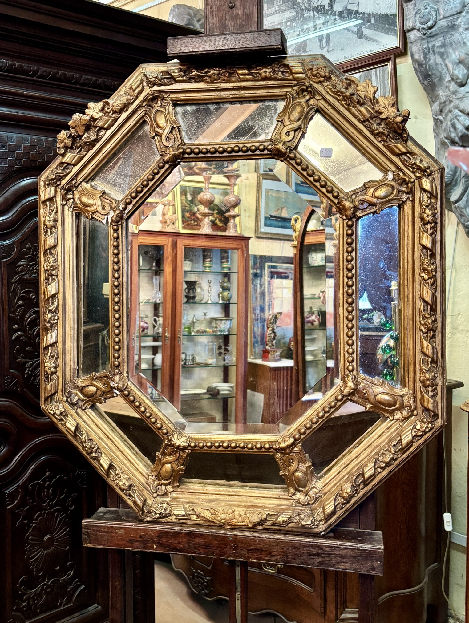 Octagonal Mirror with Side Panels, 19th Century