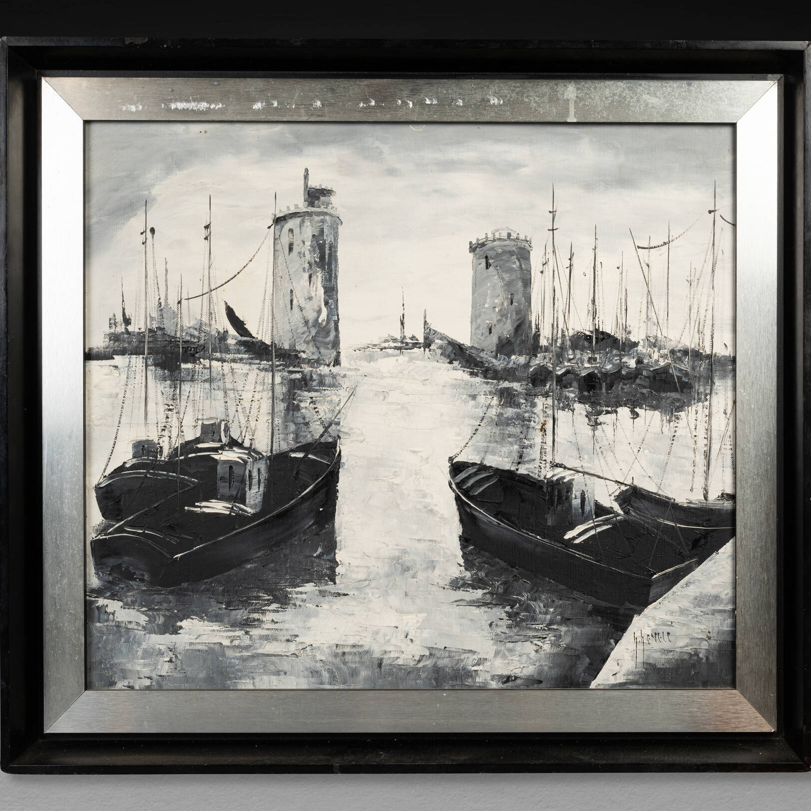 Huile sur toile figurant le port de La Rochelle, XXe siècle