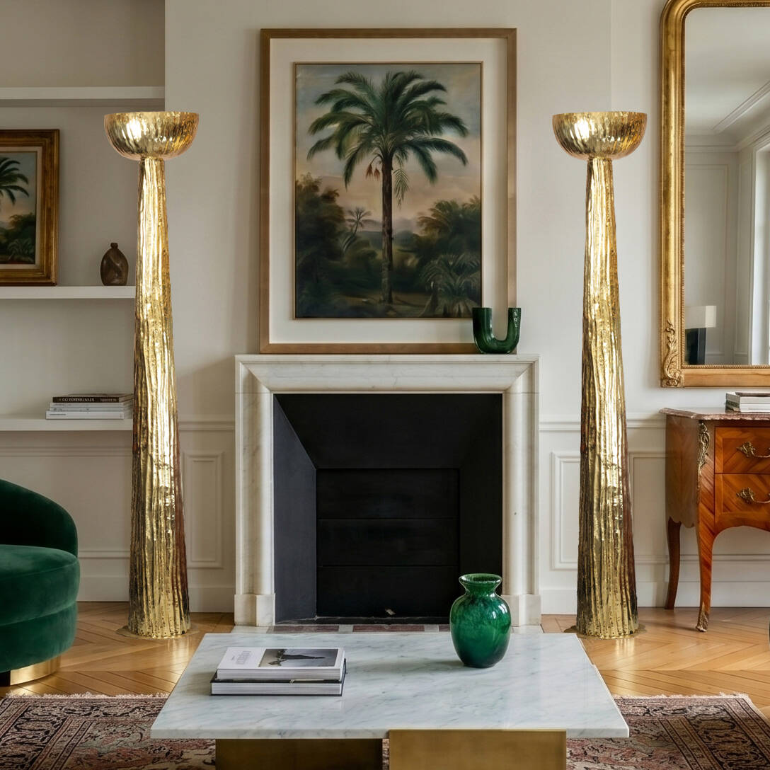 Pair of Hammered Brass Floor Lamps, Italian Design, 20th Century