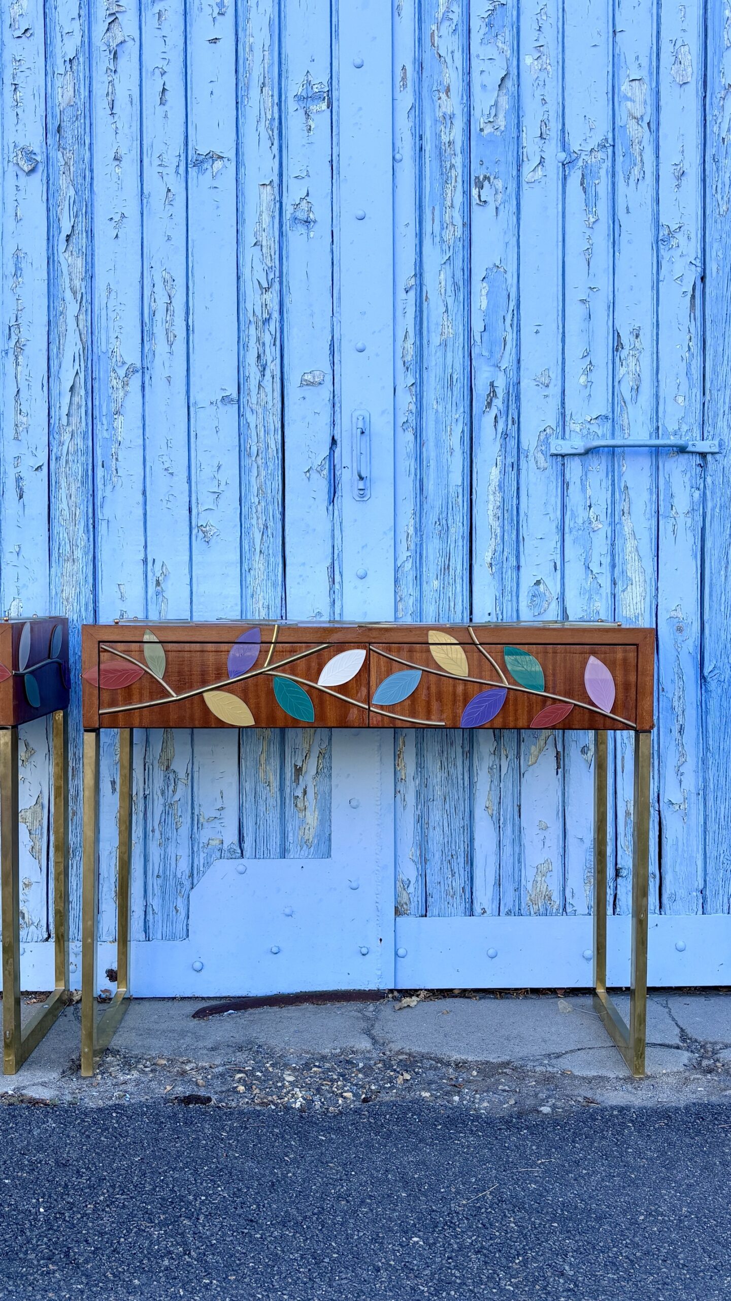 Two (2) Console Tables Clad in Murano Glass Foliage, 20th Century