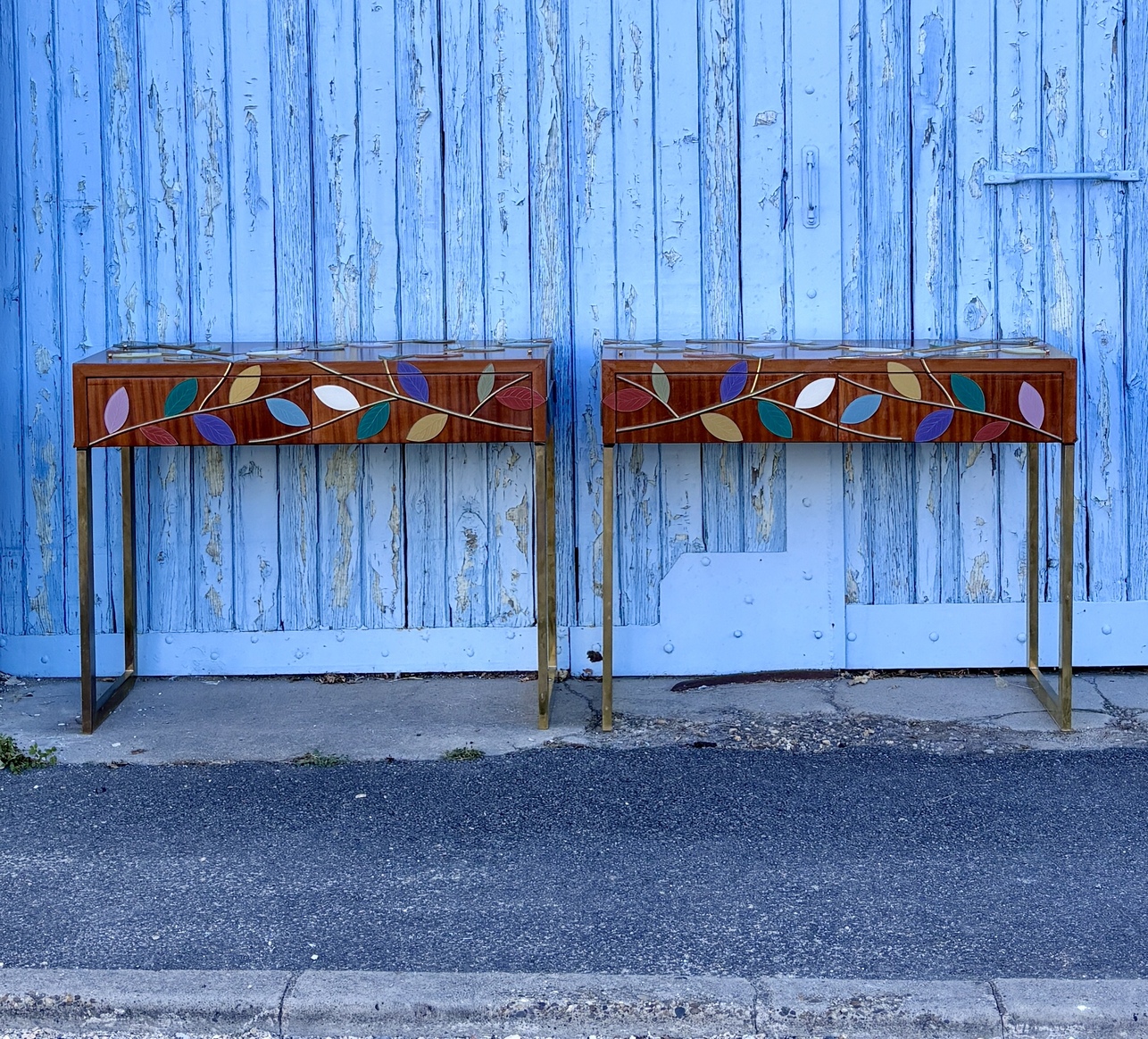 Two (2) Console Tables Clad in Murano Glass Foliage, 20th Century