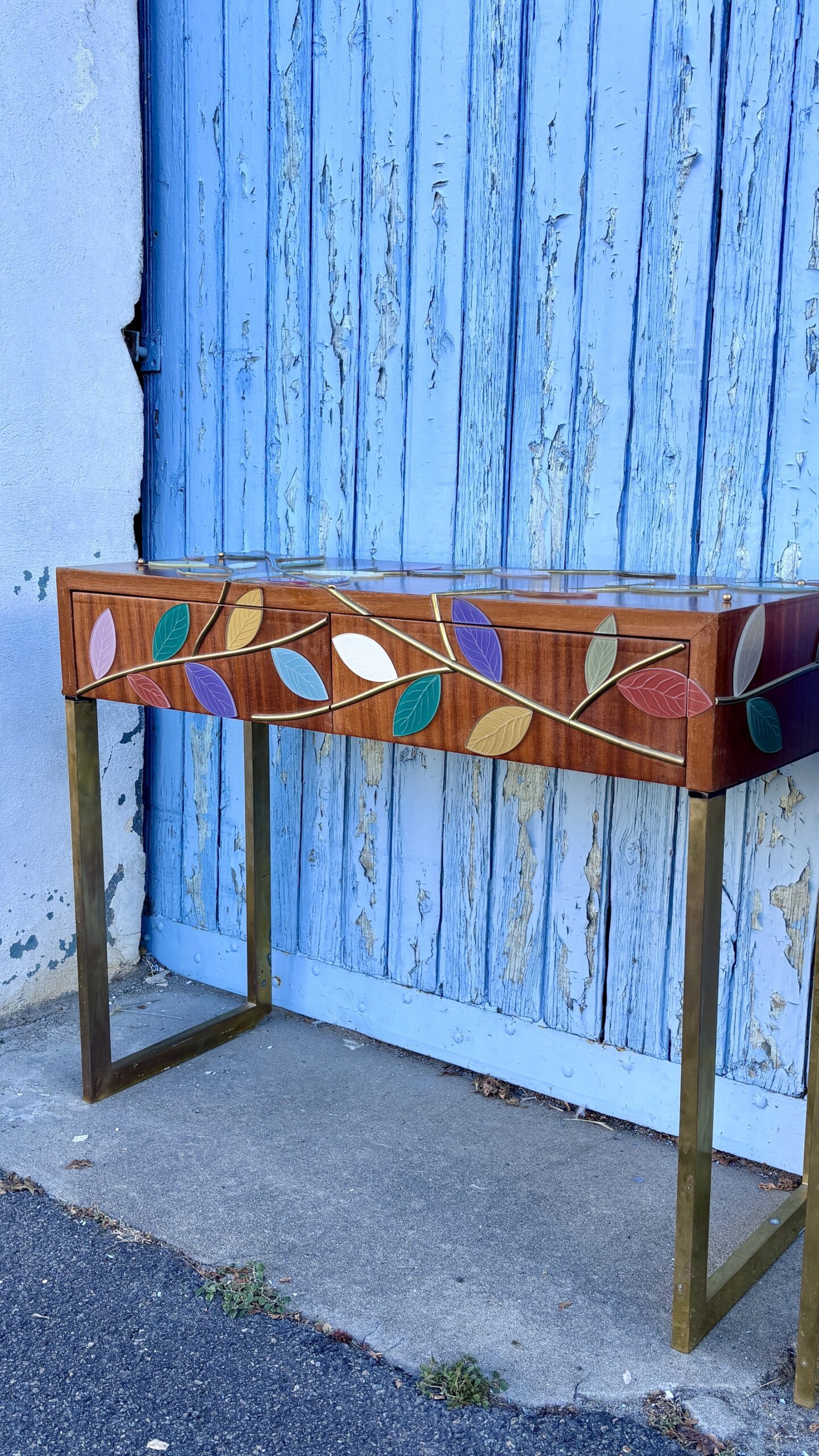 Two (2) Console Tables Clad in Murano Glass Foliage, 20th Century