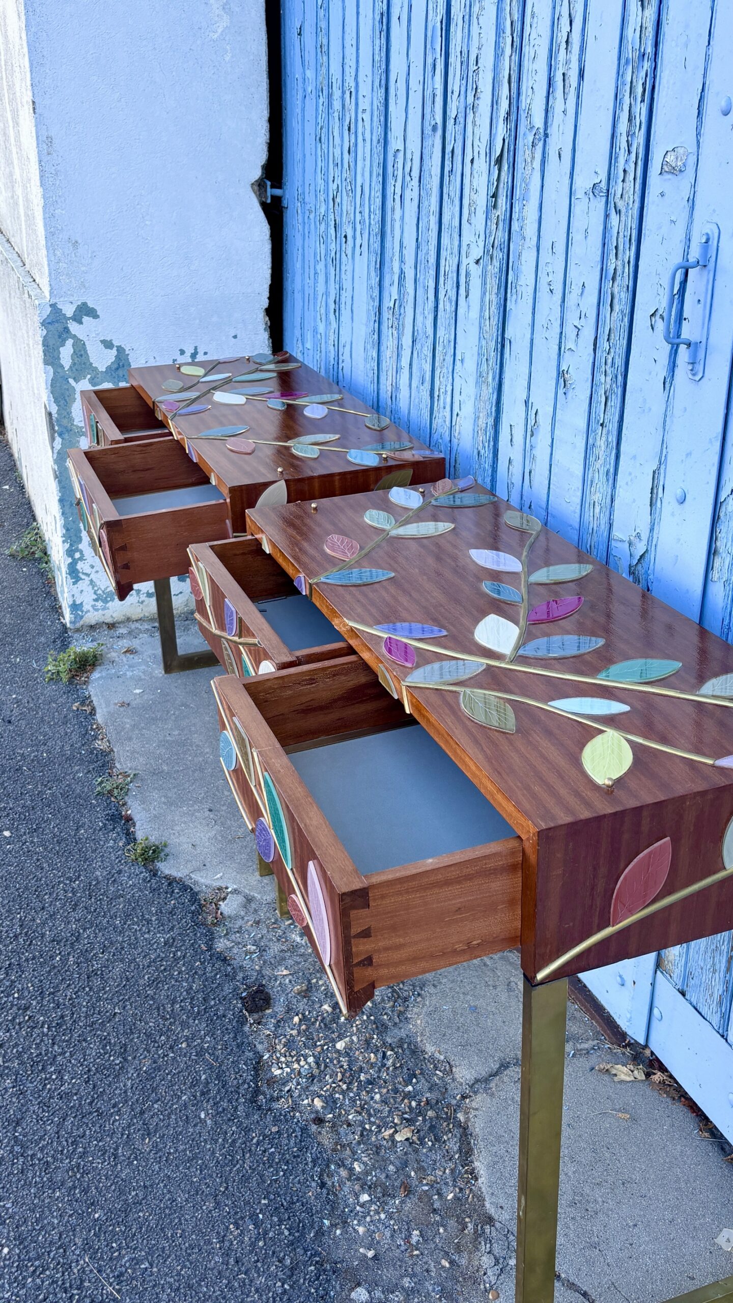 Two (2) Console Tables Clad in Murano Glass Foliage, 20th Century