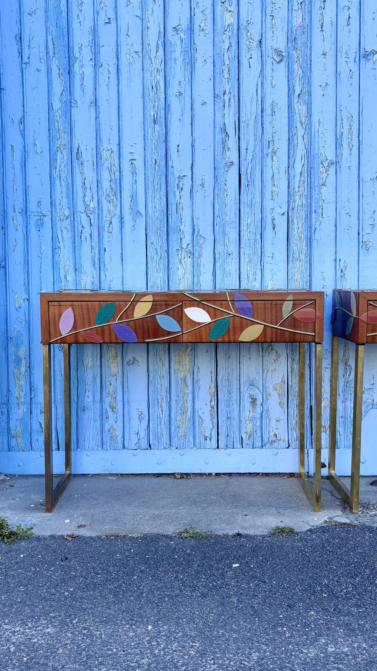 Two (2) Console Tables Clad in Murano Glass Foliage, 20th Century