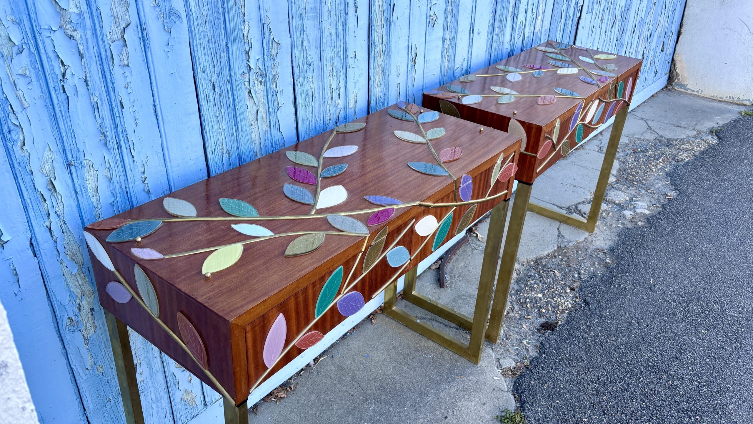 Two (2) Console Tables Clad in Murano Glass Foliage, 20th Century